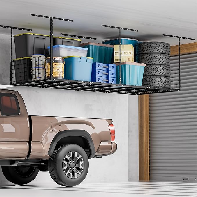 Garage Ceiling Storage Racks with Side Panels, Overhead Garage Storage Rack, Adjustable Height 22-42 Inches, Sturdy Carbon-Steel, 600lbs Weight Rating, Black