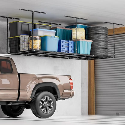 Garage Ceiling Storage Racks with Side Panels, Overhead Garage Storage Rack, Adjustable Height 22-42 Inches, Sturdy Carbon-Steel, 600lbs Weight Rating, Black