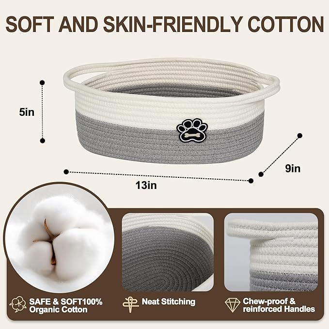 Small Dog Toy Basket, Soft Cotton Rope Dog Cat Toy Bin, Woven Storage Basket for Living Room Nursery, Cats Pet Gift Basket Empty, Decorative Wicker Storage Box with Handle, 13"x 9"x 5"