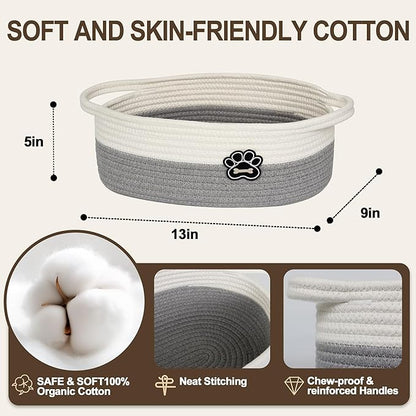 Small Dog Toy Basket, Soft Cotton Rope Dog Cat Toy Bin, Woven Storage Basket for Living Room Nursery, Cats Pet Gift Basket Empty, Decorative Wicker Storage Box with Handle, 13"x 9"x 5"