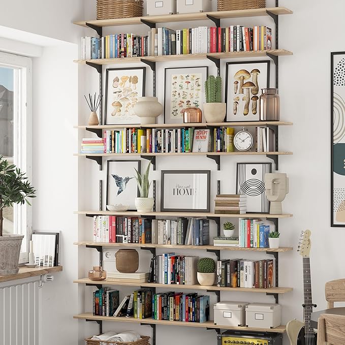 Wallniture Turin 60" Long Wall Bookshelf, Floating Shelves for Bookcase, Storage Shelves with Adjustable Standard Rail Bracket System, Burnt Finish