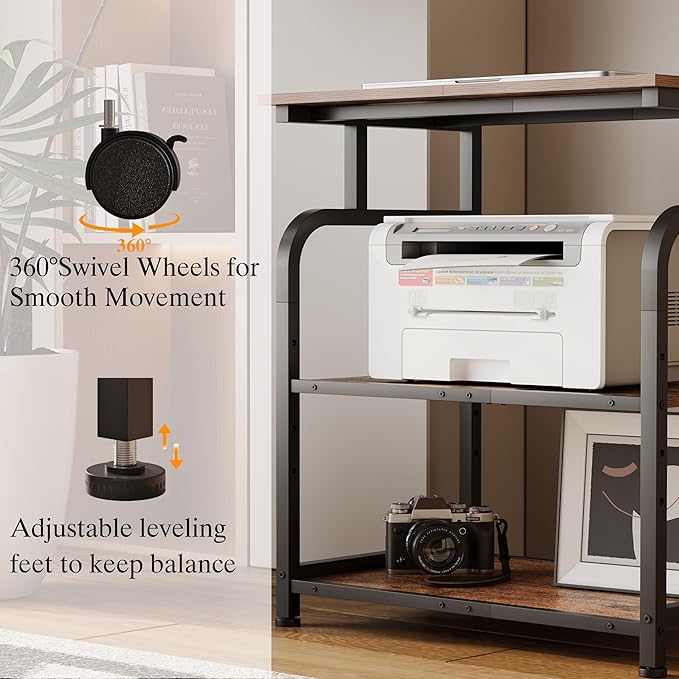 Large Printer Stand with Adjustable Shelf, 3-Tier Rolling Printer Cart with Wheels, Heavy-Duty Wood Printer Table for Home Office, Heat Press and Laser (Rustic Brown)
