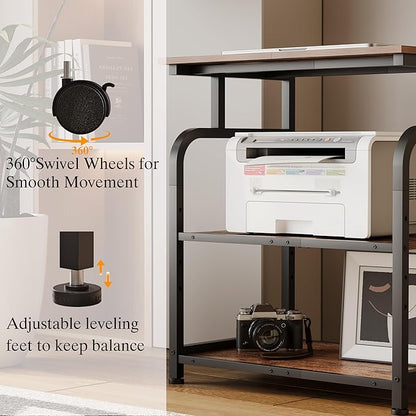 Large Printer Stand with Adjustable Shelf, 3-Tier Rolling Printer Cart with Wheels, Heavy-Duty Wood Printer Table for Home Office, Heat Press and Laser (Rustic Brown)