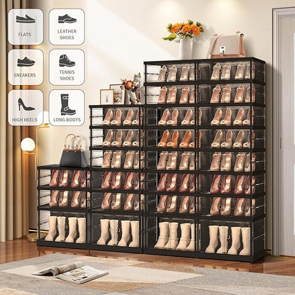 3 Tiers 6-12 Pairs Foldable Shoe Rack for Closet Plastic Stackable Shoe Boxes for Garage Collapsible Shoes Shelf with Doors Storage Organizer Cabinet Quick Assembly,Black
