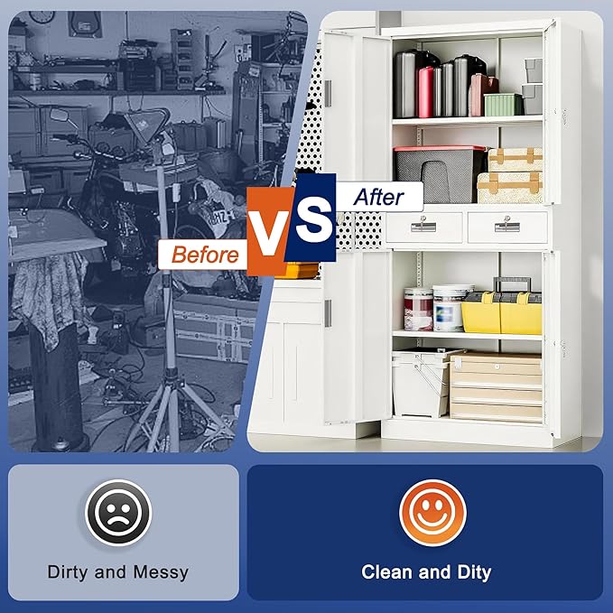 BESFUR Metal Garage Storage Cabinet with Two Drawers Locking Doors and 2 Adjustable Shelves, White Tall Storage Cabinets, Tool File Lockable Cabinet for Garage Office Warehouse Shop(71”H)