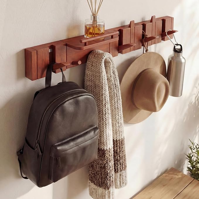 Mid Century Modern Walnut Foldable Entryway Wall Coat Hanger Hook with Shelf,Heavy Duty Wooden Piano Hidden Towel Hooks for Bathroom,Wall Rack for Purse&Key&Mail,Home Decor (Walnut, 9 Hooks)