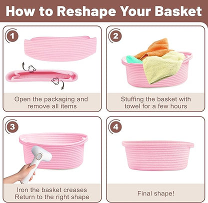 Small Woven Pink Gifts Basket for Storage Empty with Ribbons and Bags Durable Cute Gifts 12"X 8" X 5" Small Rope Basket for Gifting