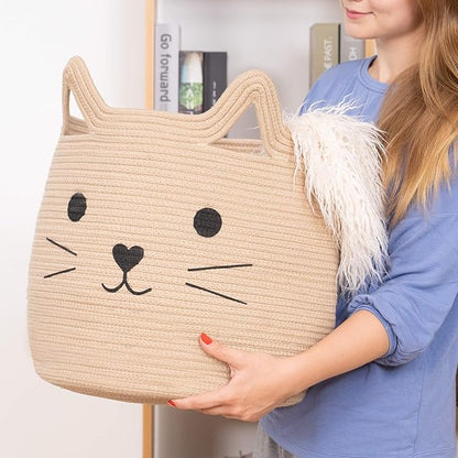 VK VK·LIVING Animal Baskets Large Woven Cotton Rope Storage with Cute Cat Design Laundry Organizer for Towels, Blanket, Toys, Clothes, Gifts – Cat Toy Box Pet or Baby Gift Baskets 15"Lx14H"