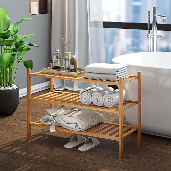 BMOSU 3-Tier Bamboo Shoe Rack Premium Stackable Shoe Shelf Storage Organizer for Hallway Closet Living Room Entryway Organizer (Natural Bamboo)