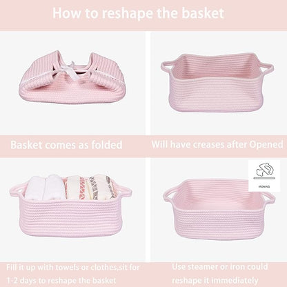 Woven Cotton Rope Storage Basket with Handles for Organizing Shelves Closet Small Cat Dog Pet Toy Baskets Box Bin Decorative Rectangle Baby Nursery basket Gift Basket Empty Light pink