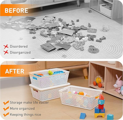 Plastic Storage Baskets With Lid, Storage Bins for Organizing, Stackable Decorative Containers for Shelves Drawers Desktop Closet Playroom Classroom Office, 6 Pack- White