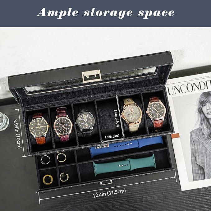 ProCase Watch Box, 6 Slot Watches Display Case with Drawer, Mens Watch Case with Glass Lid, 2-Layer Mens Jewelry Organizer Storage Holder, Birthday Valentine Gifts for Men -6 Slot, LizardBlack