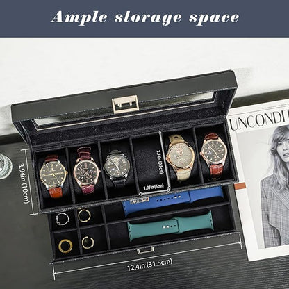 ProCase Watch Box, 6 Slot Watches Display Case with Drawer, Mens Watch Case with Glass Lid, 2-Layer Mens Jewelry Organizer Storage Holder, Birthday Valentine Gifts for Men -6 Slot, LizardBlack