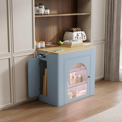 Extendable Dining Table with Storage Cabinet, 15.6" to 59" Rolling Kitchen Island Table with Power Outlet & LED Lights, Space Saving Dining Table for Small Spaces, Blue