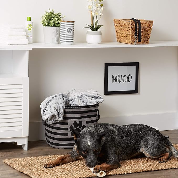 Bone Dry 5743 Pet Storage Collection Striped Paw Patch Bin, Medium Round, Black