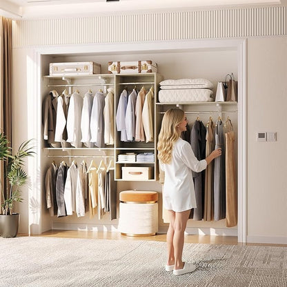 Cyclysio 96 Inch Closet System, 8 FT Hanging Closet Organizer System, Walk in Closet System with 4 Adjustable Rods and 3 Shelving Towers for 4-8FT Spaces(Cut-to-Fit), Oak