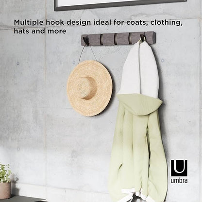 Umbra Flip Wall-Mounted Coat Rack with 5 Hooks – Modern, Space-Saving Storage for Hats, Jackets, Bags, Entryway, Mudroom, Closet, Bathroom, Bedroom – Driftwood/Nickel