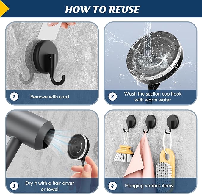 Suction Cup Hooks for Shower, Shower Hooks Mounting on Glass Doors, Tile, Mirrors, Metals,Hook for Hanging Towels, Robe, Loofah, Jackets-Black(4 Pack)