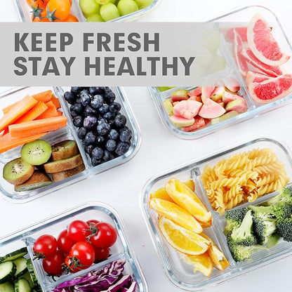 VERONES 5 Pack Glass Meal Prep Containers 3 Compartment Set, 36OZ Airtight Glass Lunch Containers, Food Storage Containers with Lids, for Microwave, Oven, Freezer & Dishwasher Friendly,White