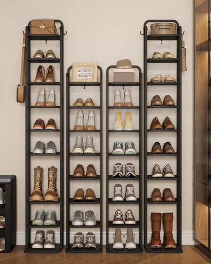 Vertical Shoe Rack, Shoe Shelves, Wood Shoe Organizer for Closet, Entryway, Shoe Tower for Small Spaces, Free Standing, Adjustable, with 2 Hooks, 10 Tier Black SR11204B