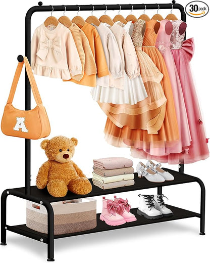 Kids Clothing Rack - Small Garment Rack - Small Kids Costume Wardrobe Rack with 2 Fabric Floors Storage Shelf - Mini Short Baby Toddler Clothes Rack