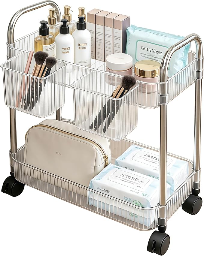2 Tier Utility Rolling Cart with Wheels Sofa Side Table Small Under Desk Storage Organizer Plastic Mobile Trolley Organization Storage Cart for Kitchen Pantry Bathroom, Transparent