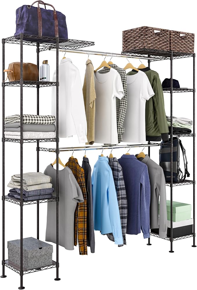 Seville Classics Closet Garment Organizer with Metal Hanging Rod Wardrobe Storage System, w/ Steel Shelves for Clothes, Shirts, Jackets, Coats, Blankets, Shoes, Satin Bronze, Expandable Rack
