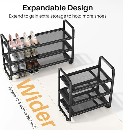 SNTD Shoe Rack - Expandable Shoe Organizer for Closet, Adjustable Metal Shoe Shelf Storage, Stackable Long Shoe Stand Holder for Garage, Entryway, Door Entrance (Black, 3-Tier)