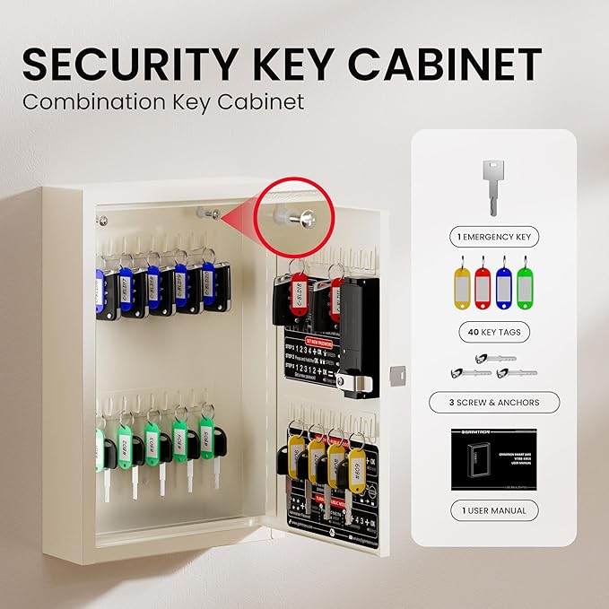 Grimtron Key Lock Box for Keys with Code, Key Box Wall Mount Cabinet, Electronic Lock, Private/Public Mode, 40 Keys, Beige