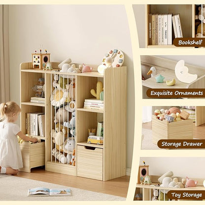 Toy Storage Organizer with Stuffed Animal Storage, Solid Pine Wooden Toy Organizer & Stuffed Animal Zoo, 4 Cubes Shelf with 2 Movable Drawers, 4 -in-1 Book Shelf for Kids Room, Playroom, Nursery