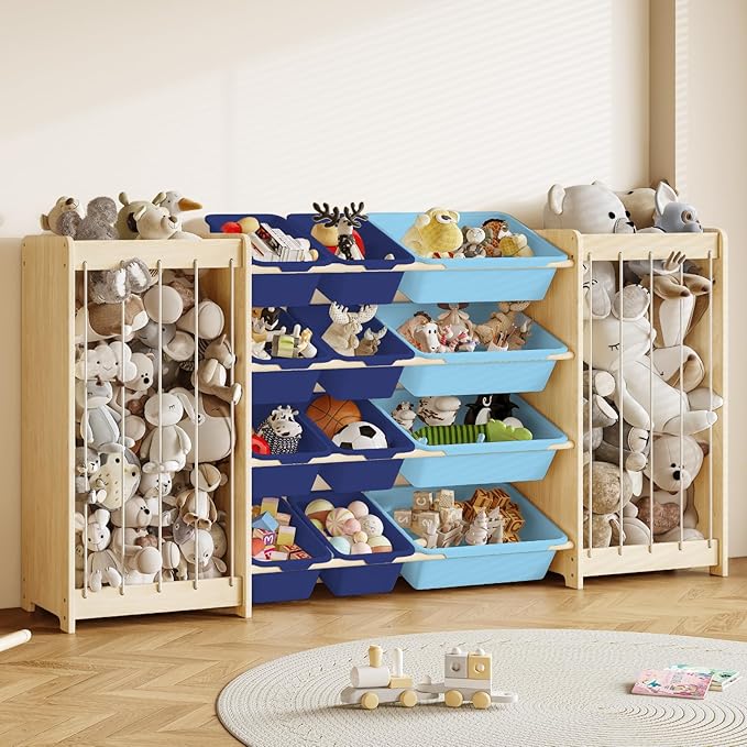 Large Toy Storage Organizer, Wooden Stuffed Animal Storage & 12-Bins Toy Organizer, Double-Sided Plush Toy Holder Featuring Thicker Ropes, Space Save Bedroom Nursery Playroom Storage, Blue