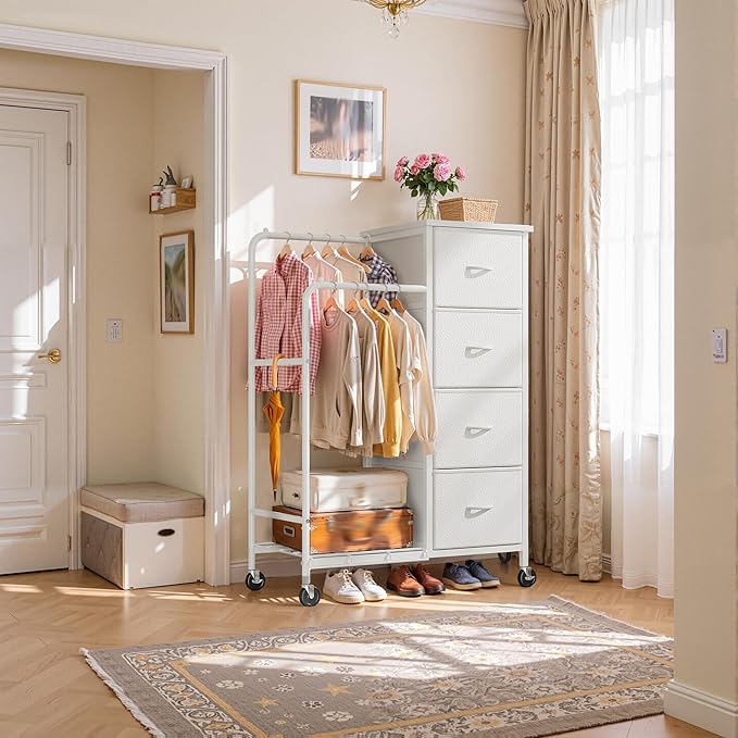 47.3" H Dresser with Hanging Rack, 4 Fabric Drawers with Double Clothes Rack & Wheels, Tall Closet Organizer Dresser for Bedroom, Entryway, White, 15.8" D x 29.9" W x 47.3" H