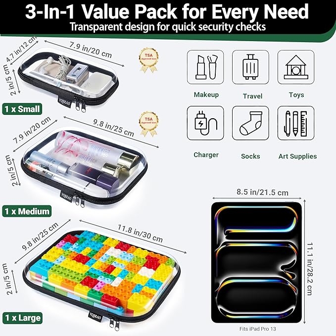 Hard Sided Clear Zipper Case for Storage- Professional-Grade Plastic Clear Zipper Pencil Case,Toy Storage Bins, Toiletry Pouch, Travel Organizer, Cosmetic Bag（Black,3 Pack, LMS）
