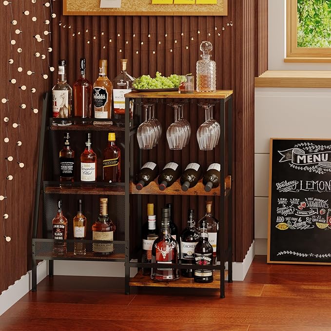 Versatile Liquor Stand for Home Bar, Wine Rack Freestanding Floor, Mini Bar Table for Liquor Whiskey Wine, 3-Tier Trapezoidal Liquor Bottle Display Shelf with Glass Holder and Fences(Patent Pending)