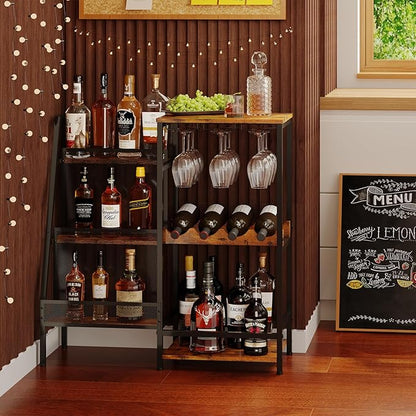 Versatile Liquor Stand for Home Bar, Wine Rack Freestanding Floor, Mini Bar Table for Liquor Whiskey Wine, 3-Tier Trapezoidal Liquor Bottle Display Shelf with Glass Holder and Fences(Patent Pending)