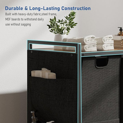 Laundry Hamper, Laundry Basket, Laundry Sorter with Top Shelf & 3 Removable Washable Bags & Side Pockets for Laundry Room organization, Bathroom and Dorm, Rustic Brown and Black