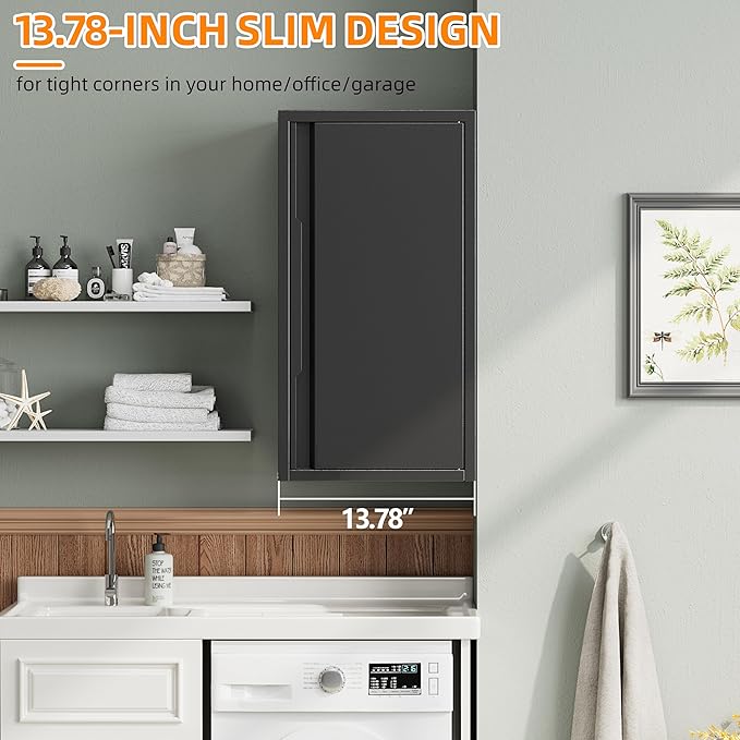 Metal Garage Wall Cabinet with 1 Door, 13.78'' Wide Wall Mounted Tool Cabinets for Garage, Basement, Warehouse, Kitchen, Bathroom, Home Office, Black, Assembly Required
