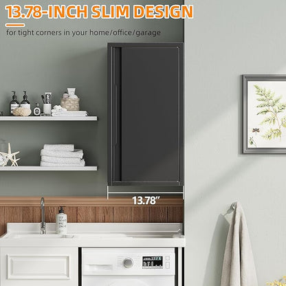 Metal Garage Wall Cabinet with 1 Door, 13.78'' Wide Wall Mounted Tool Cabinets for Garage, Basement, Warehouse, Kitchen, Bathroom, Home Office, Black, Assembly Required