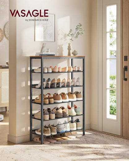 VASAGLE Shoe Rack for Entryway, 6-Tier Shoe Rack Organizer with Storage Shelves and Spacious Top, Freestanding, Adjustable, Industrial, Rustic Brown and Ink Black ULBS044KD01