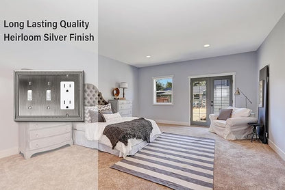 Henne Bery Sunken Pearls Heavy Duty Decorative Wall Plate Switch Plate Outlet Cover (Double Toggle/Single Decorator, Heirloom Silver)