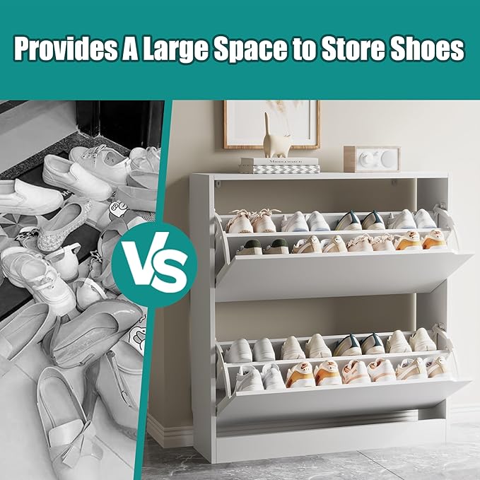 Shoe Storage Cabinet for Entryway with 2 Flip Drawers, Wood Freestanding Hidden Shoe Storage, Narrow Slim Sturdy Shoe Organizer for Front Door Entrance, Living Room, Hallway, Bedroom, White