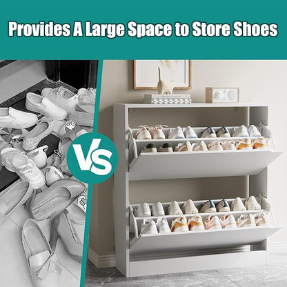 Shoe Storage Cabinet for Entryway with 2 Flip Drawers, Wood Freestanding Hidden Shoe Storage, Narrow Slim Sturdy Shoe Organizer for Front Door Entrance, Living Room, Hallway, Bedroom, White