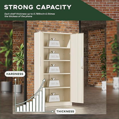 Greenvelly Metal Storage Cabinets, 72” Steel Garage Storage Cabinet with Doors and 4 Shelves, Metal Tool Cabinet, Steel Filing Cabinet for Home Office, Basement, Garage, School(Grey)