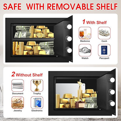 1.3 Cuft Small Safes for Home Use Fire and Water Proof, Anti-theft Fireproof Lock Box with Electronic Keypad, Alarm System and Removable Shelf, Fire Proof Safe for Home Documents, Valuables