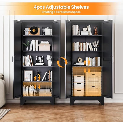 Metal Black Storage Cabinet with 2 Doors and 4 Adjustable Shelve, 72" Tall Kitchen Pantry cabinets, Farmhouse Food Pantry Cabinet,5 Tier Freestanding Barn Door Cupboard for Kitchen Dining/Living Room