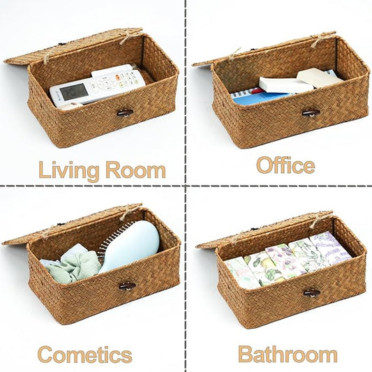 Set of 2 Wicker Basket with Lid, Seagrass Woven Basket for Storage, Decorative Storage Baskets Bins for Organizing Home