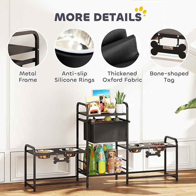 PawHut Dog Bowl Stand with 2 Feeding Stations, 3 Height Adjustable Elevated Dog Bowls with Toy Bin Basket, Lifted Food and Water Bowl, Pet Storage Organizer for Small, Medium, Large Dogs, Black