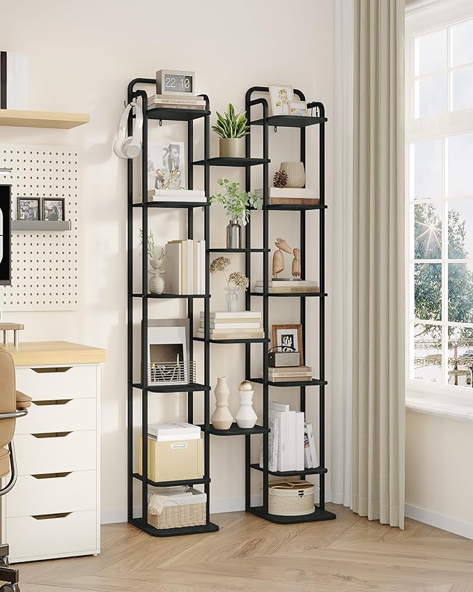 Vertical Shoe Rack, Shoe Shelves, Wood Shoe Organizer for Closet, Entryway, Shoe Tower for Small Spaces, Free Standing, Adjustable, with 2 Hooks, 10 Tier Black SR11204B