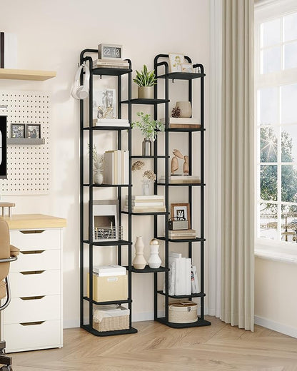 Vertical Shoe Rack, Shoe Shelves, Wood Shoe Organizer for Closet, Entryway, Shoe Tower for Small Spaces, Free Standing, Adjustable, with 2 Hooks, 10 Tier Black SR11204B