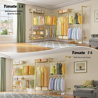 Timate F4 Wall Mounted Clothes Rack Industrial Pipe Clothing Rack for Hanging Clothes, Expandable Garment Rack Heavy Duty Wardrobe Closet Organizer and Storage, Adjustable Industrial Closet Kit, Gold